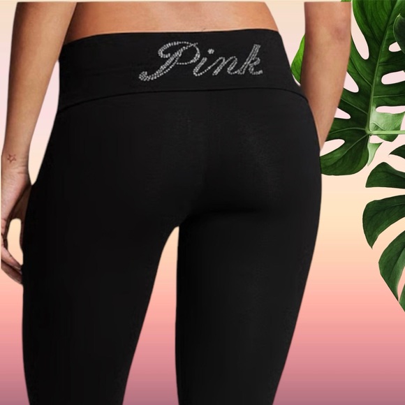 NEW PINK flare BLACK foldover leggings BLING LOGO - Picture 1 of 8
